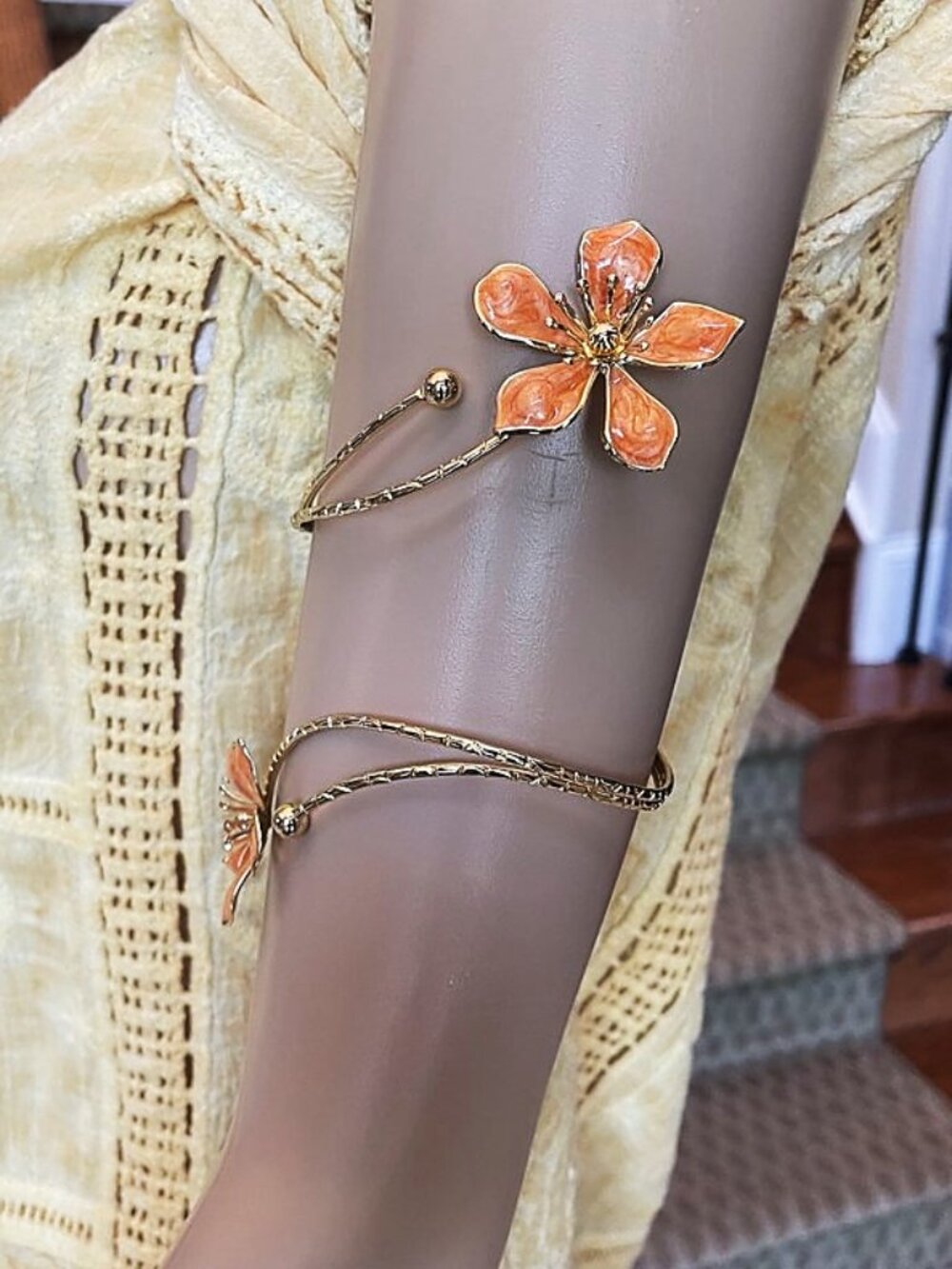 Boho Orange Enamel Flower Arm & Ankle Cuff Bracelet | Adjustable - Picture 10 of 13
